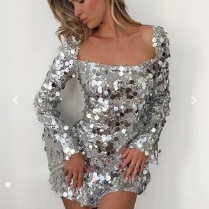 Beginning Boutique Marienne Silver Sequin Long Sleeve Mini Dress
